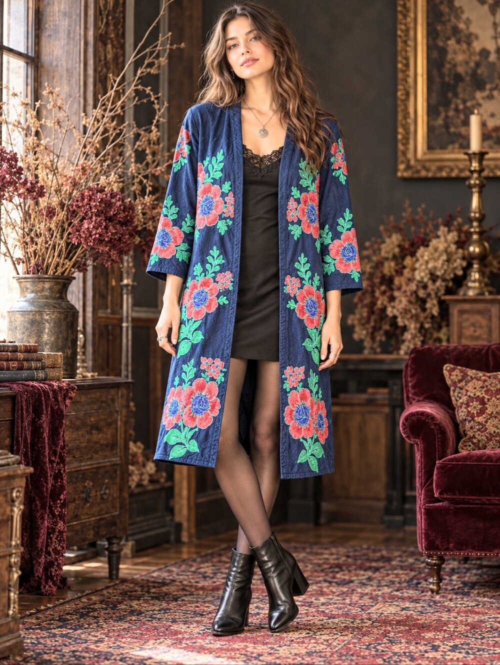 Floral Embroidered Long Duster Kimono Jacket 3/4 Sleeve L Navy Pink NEELO